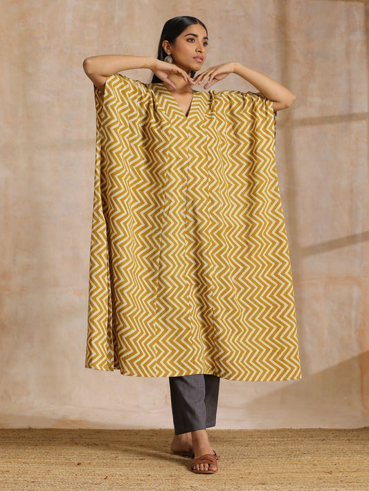 trueBrowns Mustard Dabu Zig-Zag Lines Print Cotton Panel Kaftan Kurta Pant Set | Swadesiicart