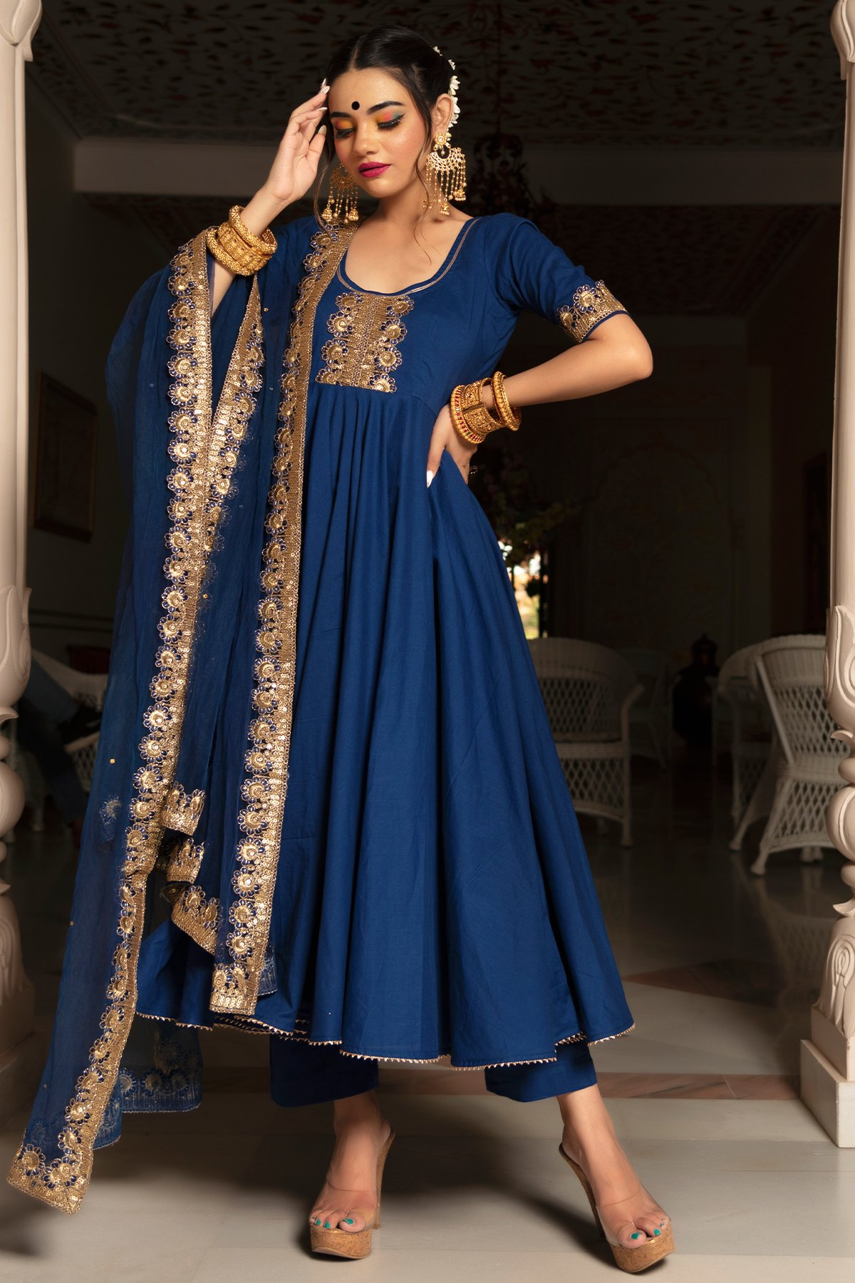 Pomcha Jaipur Minakari Blue Anarkali Set | Swadesiicart