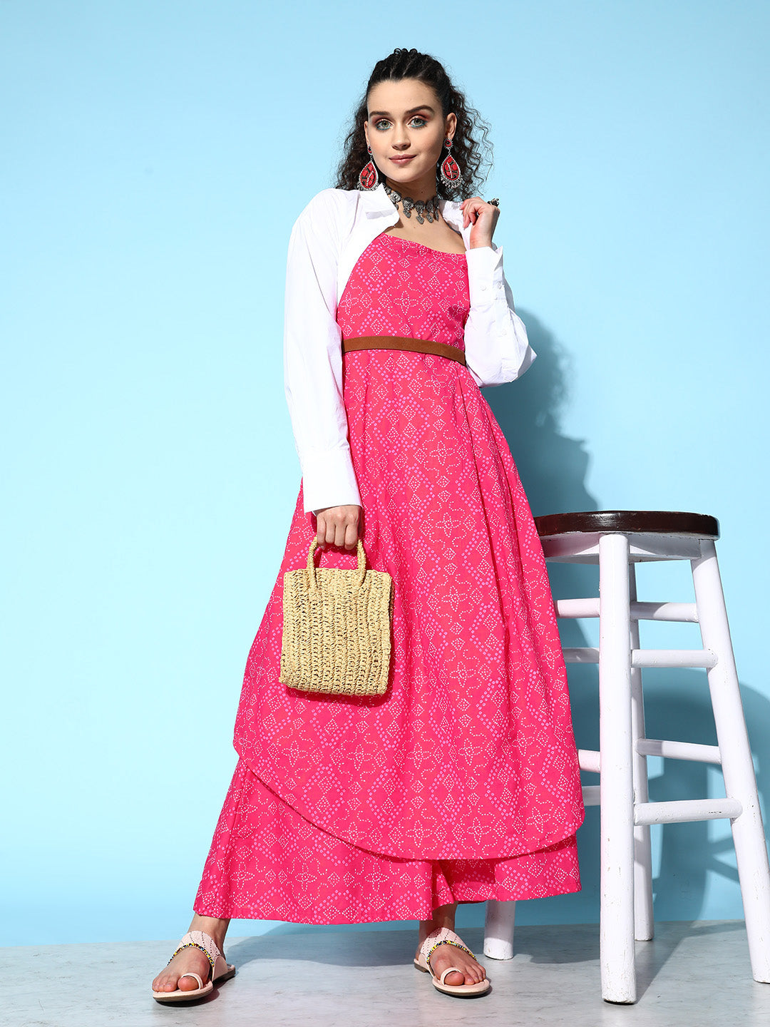 InWeave Women's Pink Bandhani Strappy Kurta Set - Swadesiicart