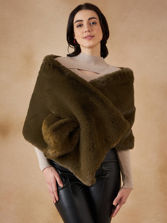 InWeave Women's Mehandi Green Long Faux Fur Cape - Swadesiicart