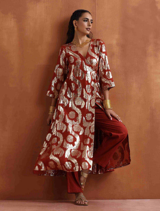 trueBrowns Rust Metallic Angrakha Kurta Set | Swadesiicart