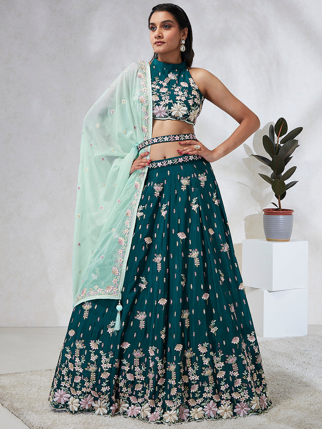 House of Panchhi Green Pure Georgette Sequins And Thread Embroidery Lehenga Choli & Dupatta | Swadesiicart