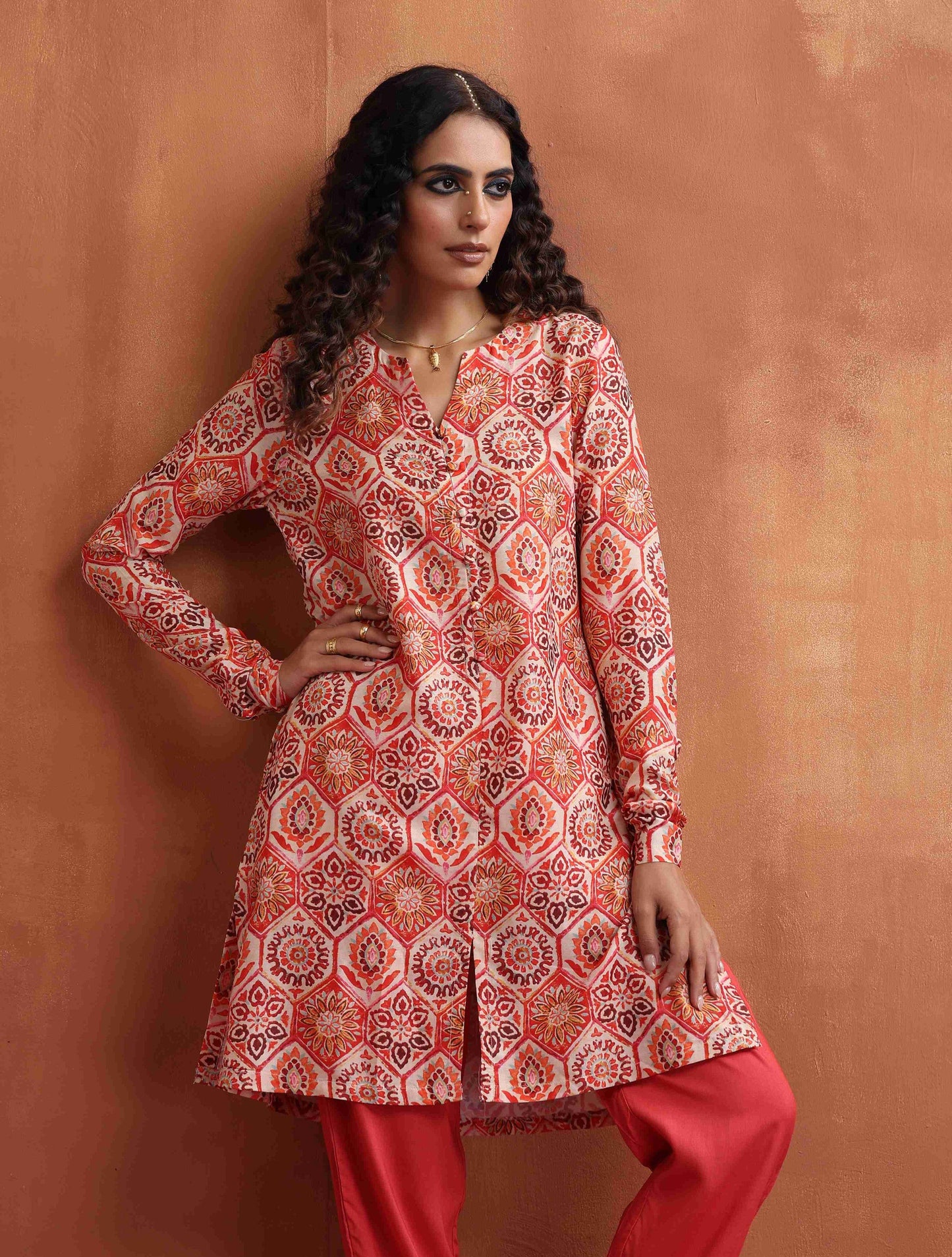 trueBrowns Beige Print Kurta Co-ord Set - Swadesiicart