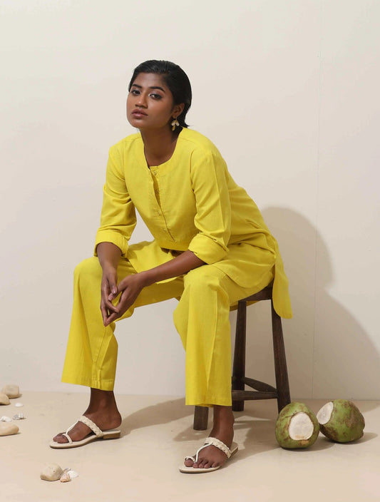 trueBrowns Lime Cotton Linen Kurta Co-Ord Set - Swadesiicart