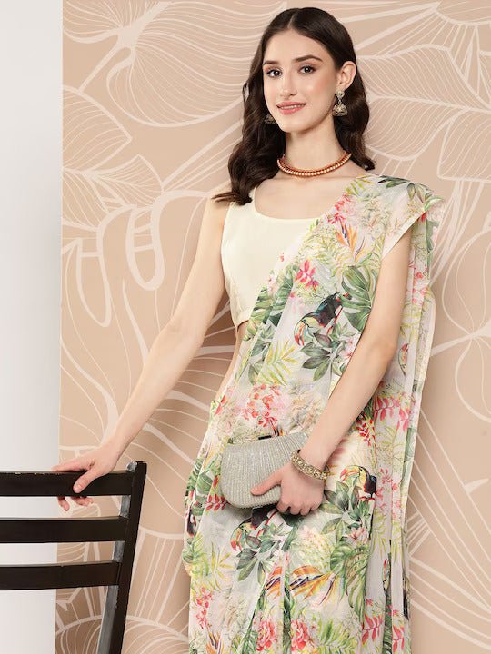 Ahalyaa Floral Printed Poly Chiffon Saree | Swadesiicart