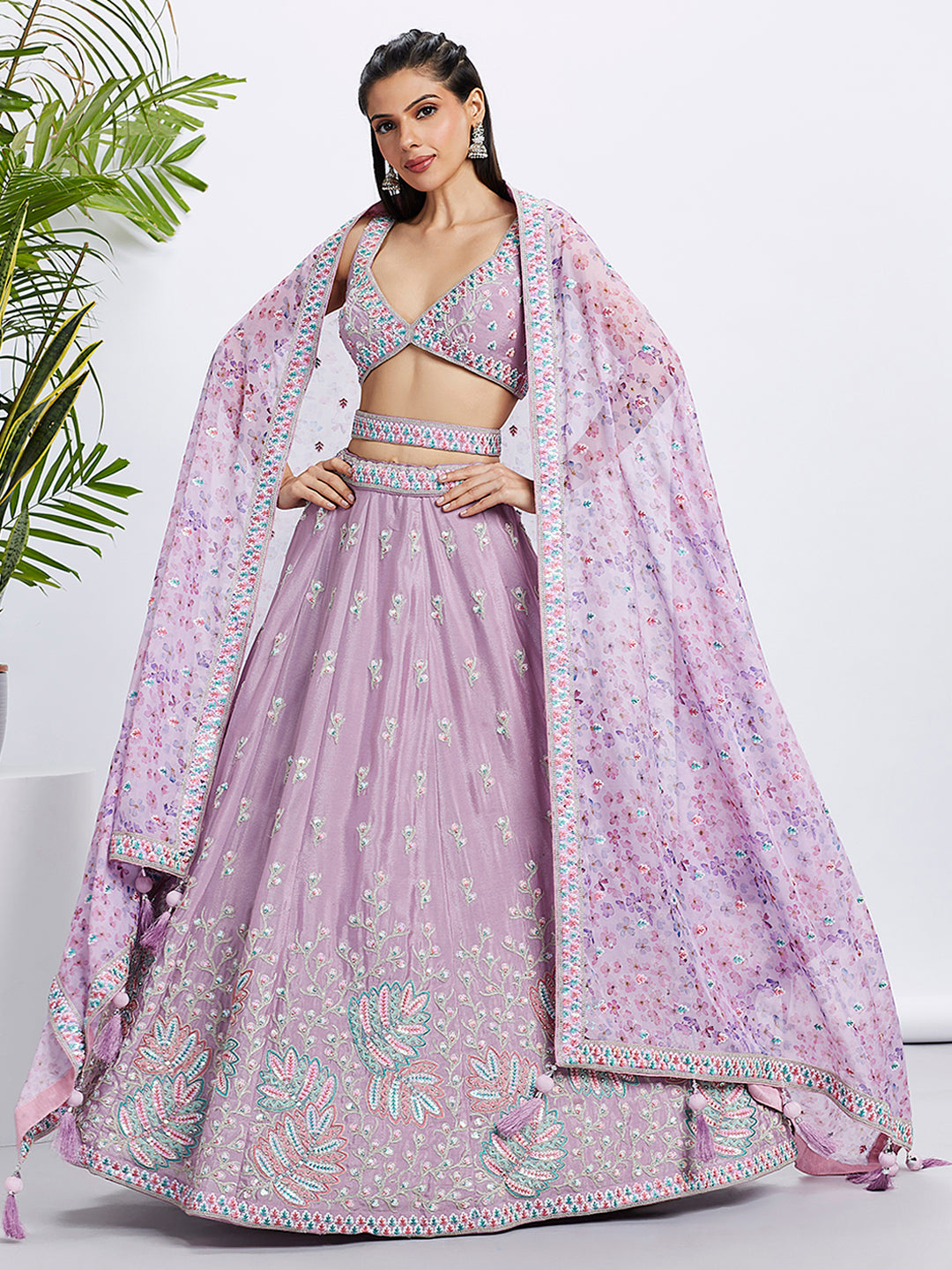 House of Panchhi Lavender Georgette Sequins And Thread Embroidery Lehenga Choli & Dupatta | Swadesiicart