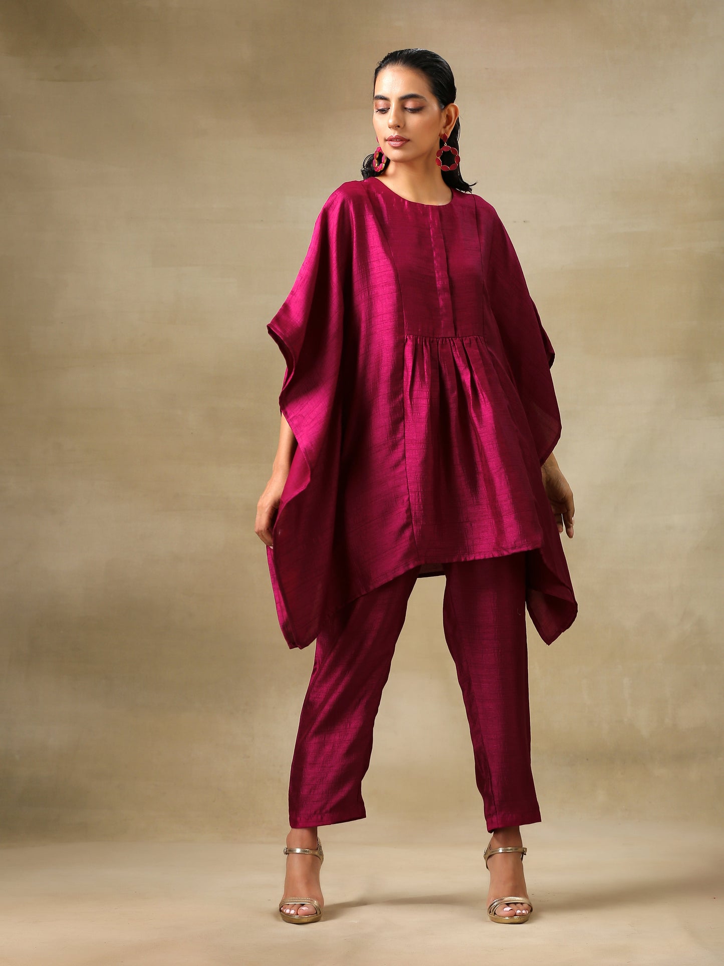 trueBrowns Purple Textured Silk Gathered Kaftan Co-Ord Set - Swadesiicart