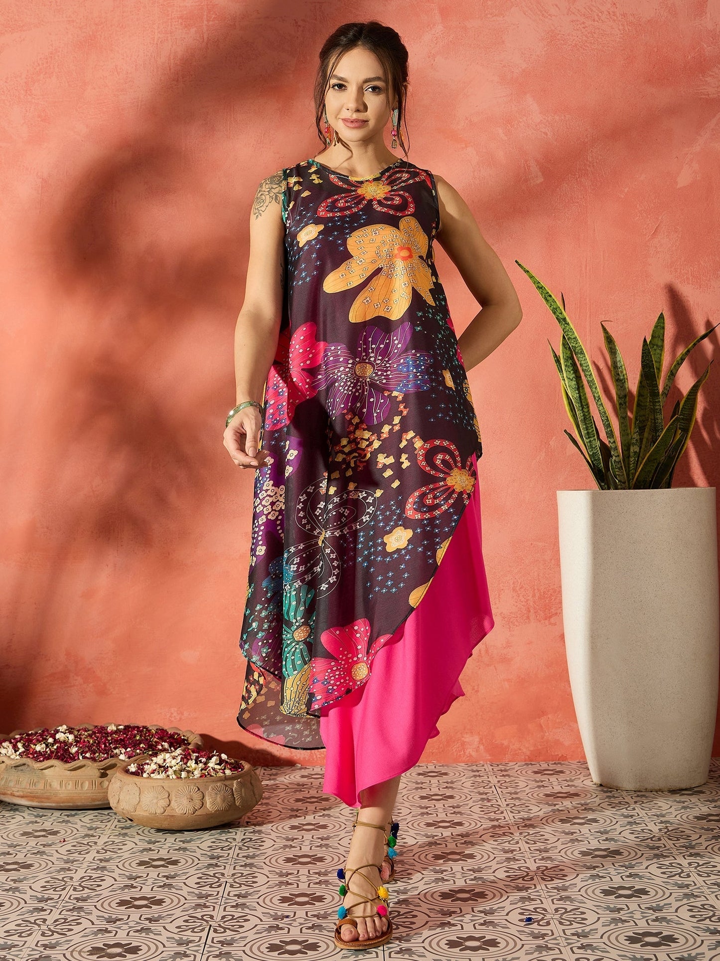 InWeave Black Floral Fuchsia Asymmetrical Dress - Swadesiicart