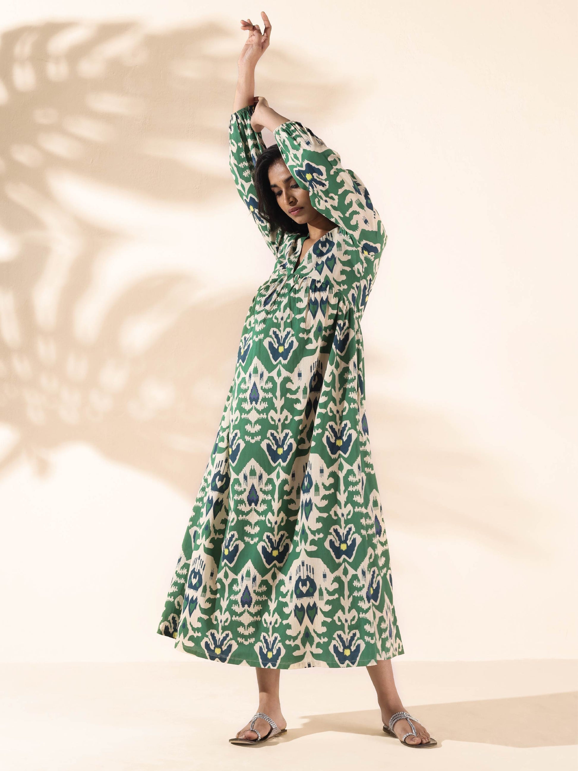 trueBrowns Green Cotton Ikat Flared Dress | Swadesiicart