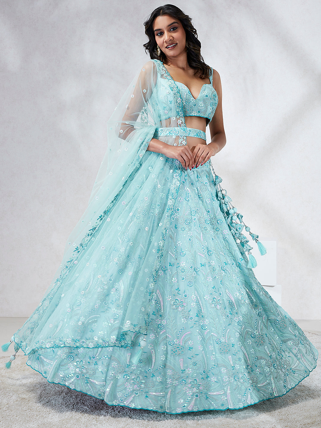 House of Panchhi Turquoise Blue Georgette Sequins And Thread Embroidery Lehenga Choli & Dupatta | Swadesiicart