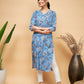 InWeave Women's Skyblue Pink Floral Angrakha Straight Kurta - Swadesiicart