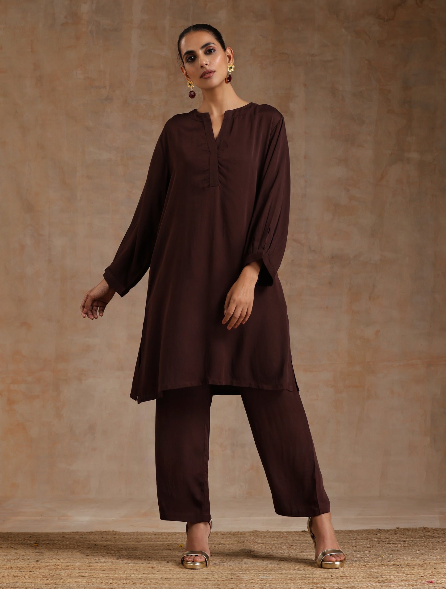 trueBrowns Cola Brown Modal Satin Relax Co-ord Set - Swadesiicart