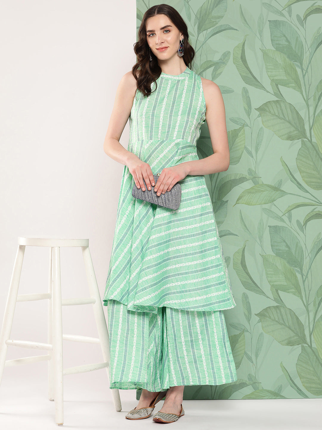 InWeave Women's Teal Kantha Striped Kurta Set - Swadesiicart