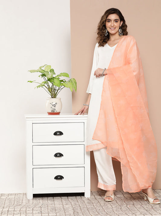 InWeave Women's Cream Straight Kurta Set W Peach White Print Organza Dupatta - Swadesiicart