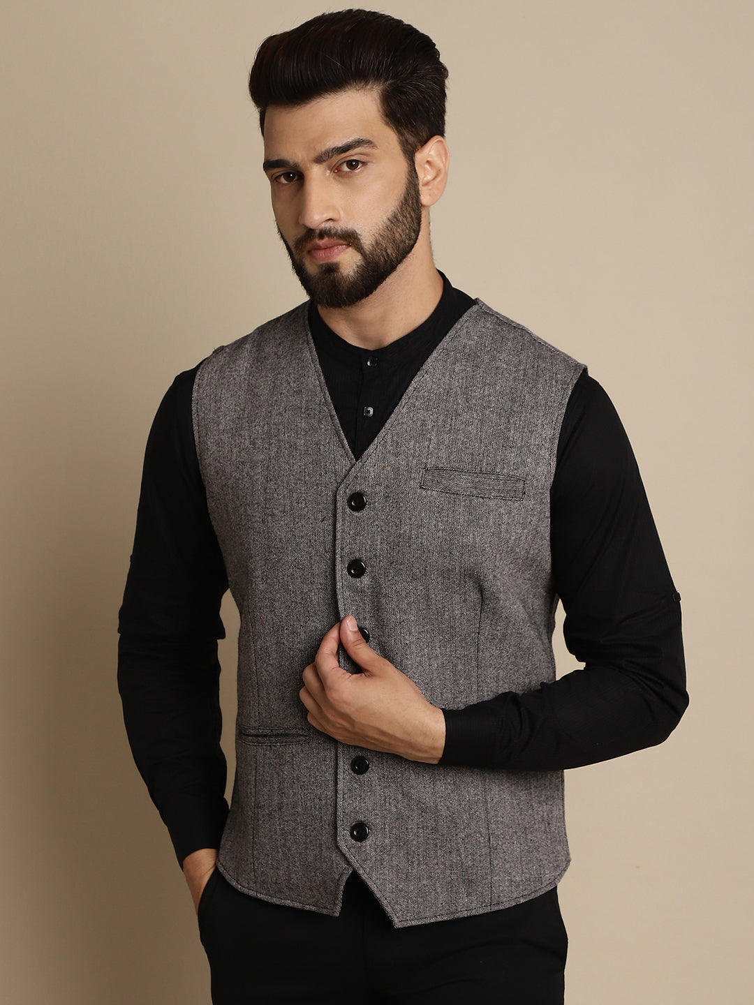 Even Apparels Men's Black Woolen Waistcoat with welt pockets | Swadesiicart