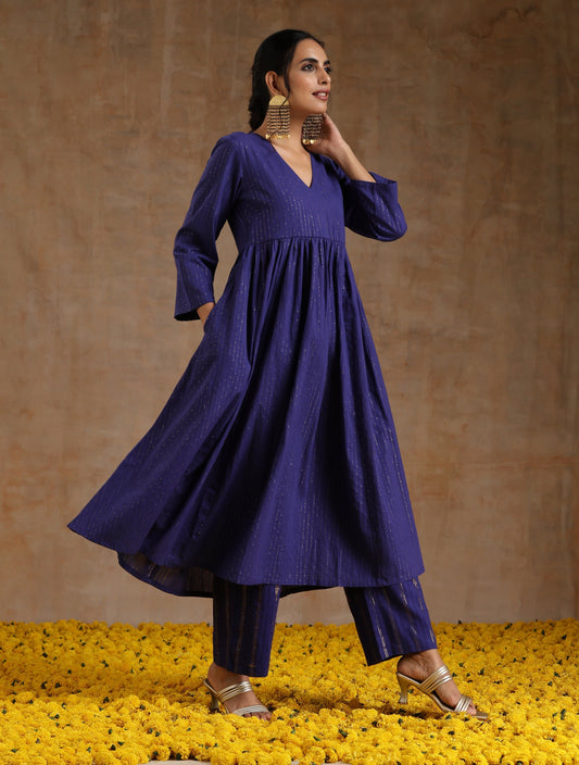 trueBrowns Spectrum Blue Gold Cotton Kalidar Kurta Set | Swadesiicart