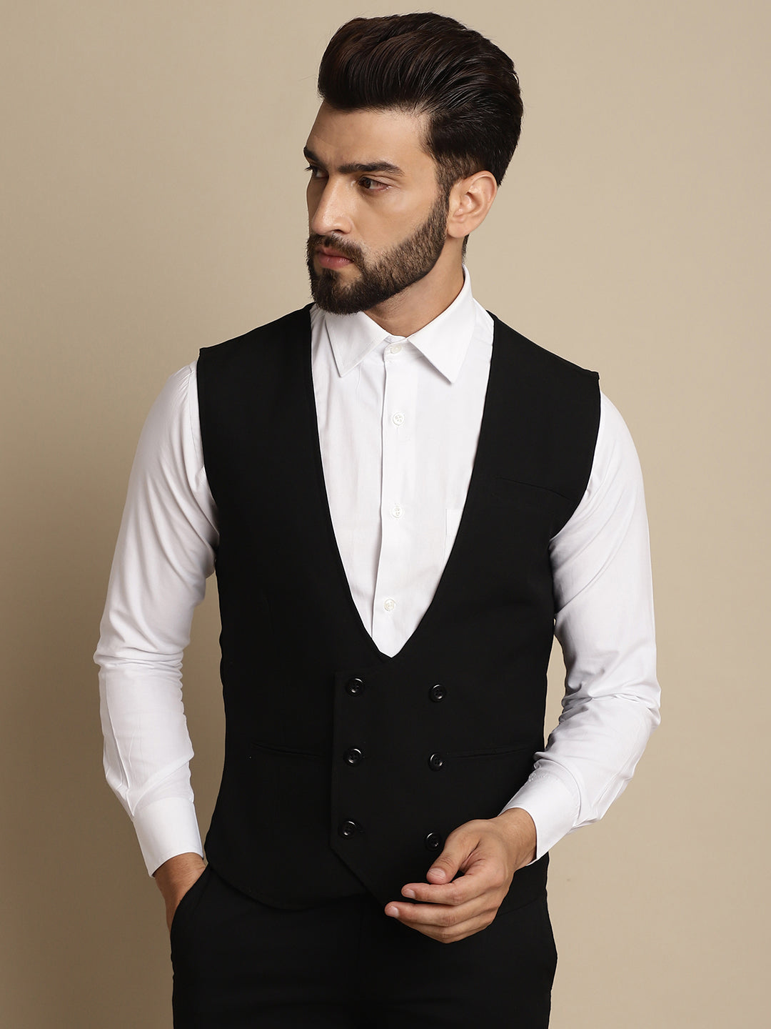 Even Apparels Men's Black Double Breast Waistcoat | Swadesiicart