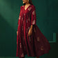 trueBrowns Maroon Floral Viscose Silk V-Neck Waist Gathered Kurta Pant Set | Swadesiicart