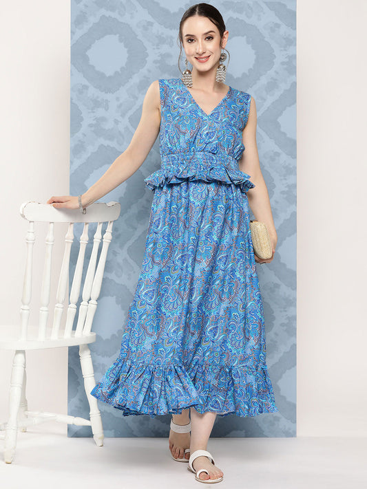 InWeave Women's Sapphire Blue Floral Paisley Print Long Frill Dress - Swadesiicart