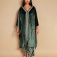 trueBrowns Olive Green Velvet Embroidered Kaftan Kurta Set | Swadesiicart