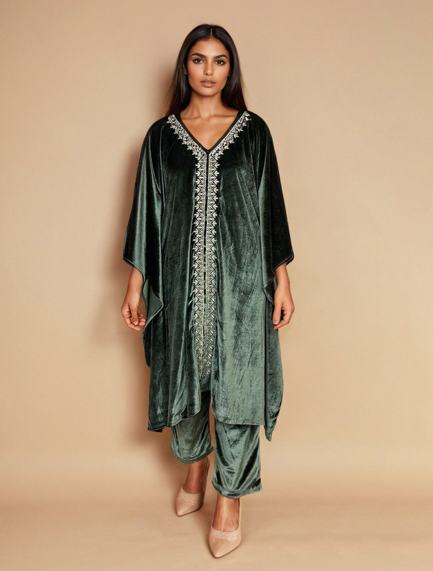 trueBrowns Olive Green Velvet Embroidered Kaftan Kurta Set | Swadesiicart