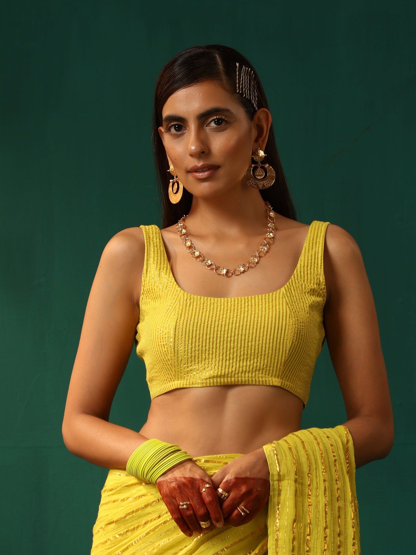 trueBrowns Lime Cotton Gold Lurex Scoop Neck Sleeveless Blouse | Swadesiicart