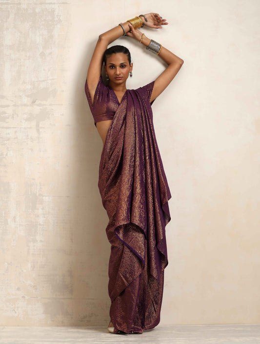 trueBrowns Purple Gold Metallic Ready To Wear Saree | Swadesiicart