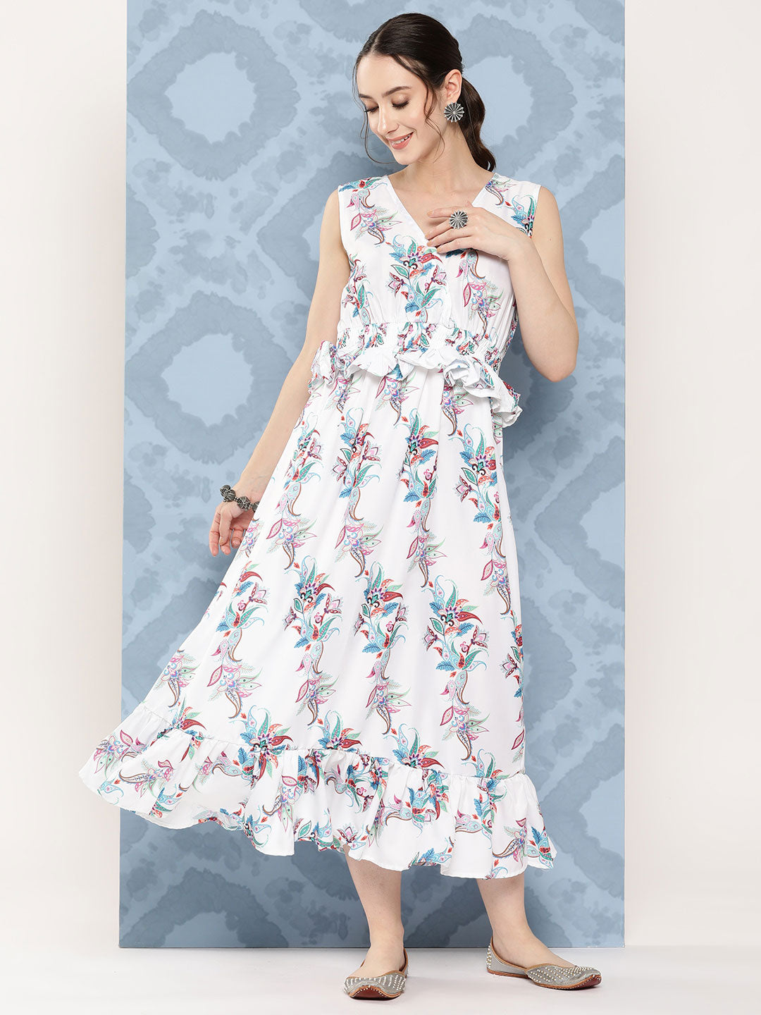 InWeave Women's White Floral Paisley Print Long Frill Dress - Swadesiicart