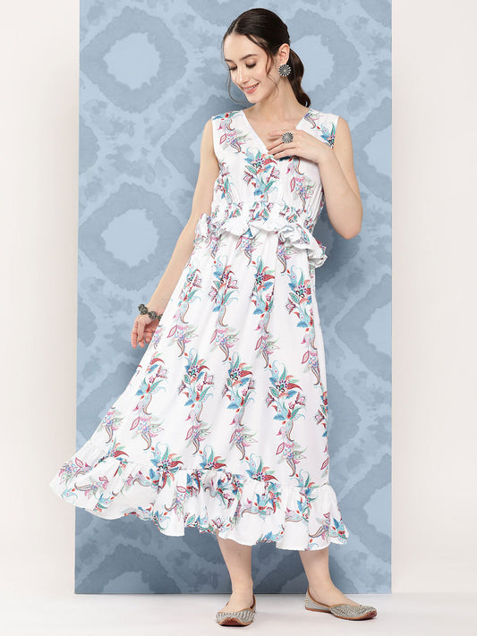 InWeave Women's White Floral Paisley Print Long Frill Dress - Swadesiicart