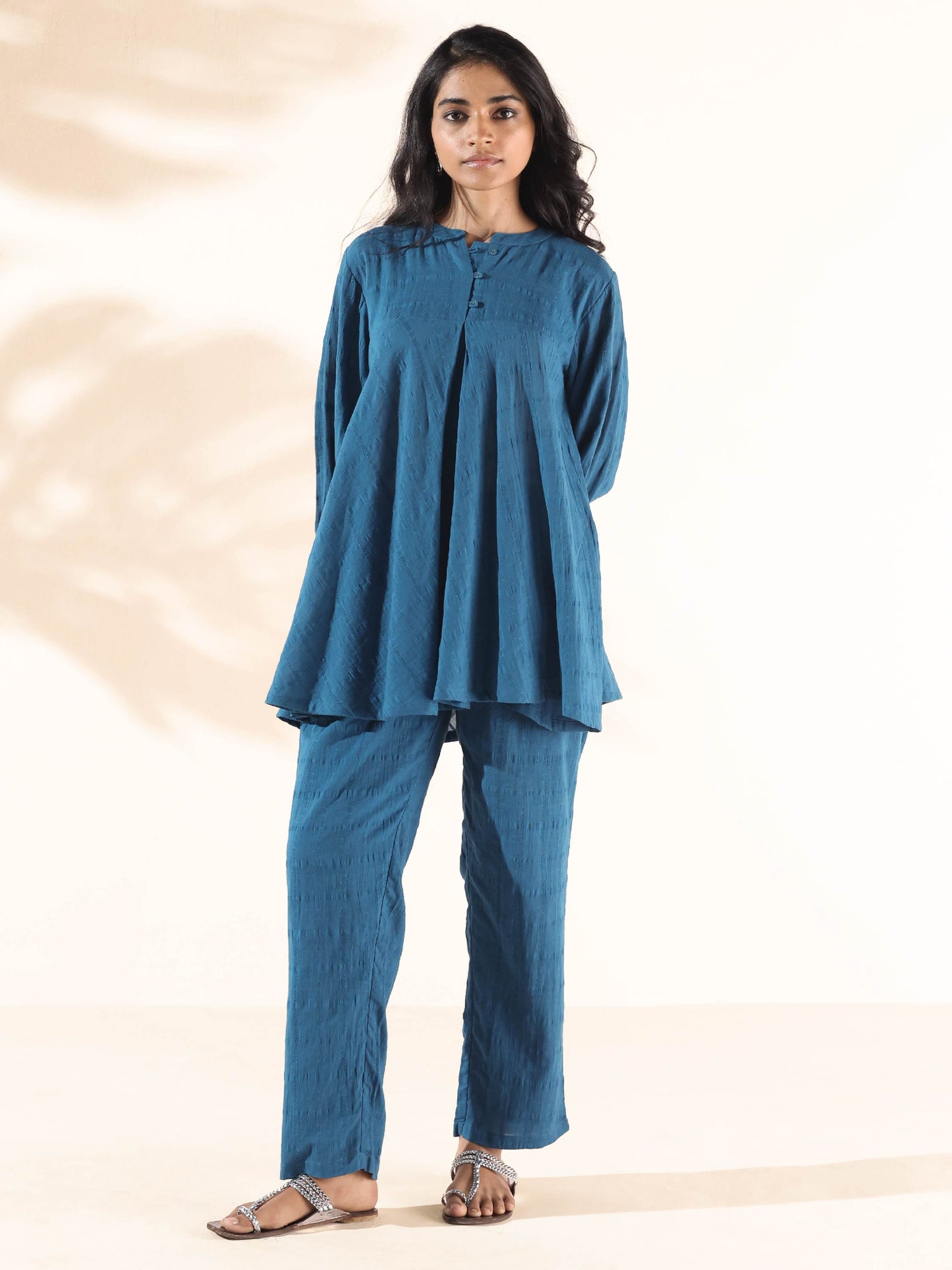 trueBrowns Blue Cotton Dobby Yoke Co-ord Set - Swadesiicart