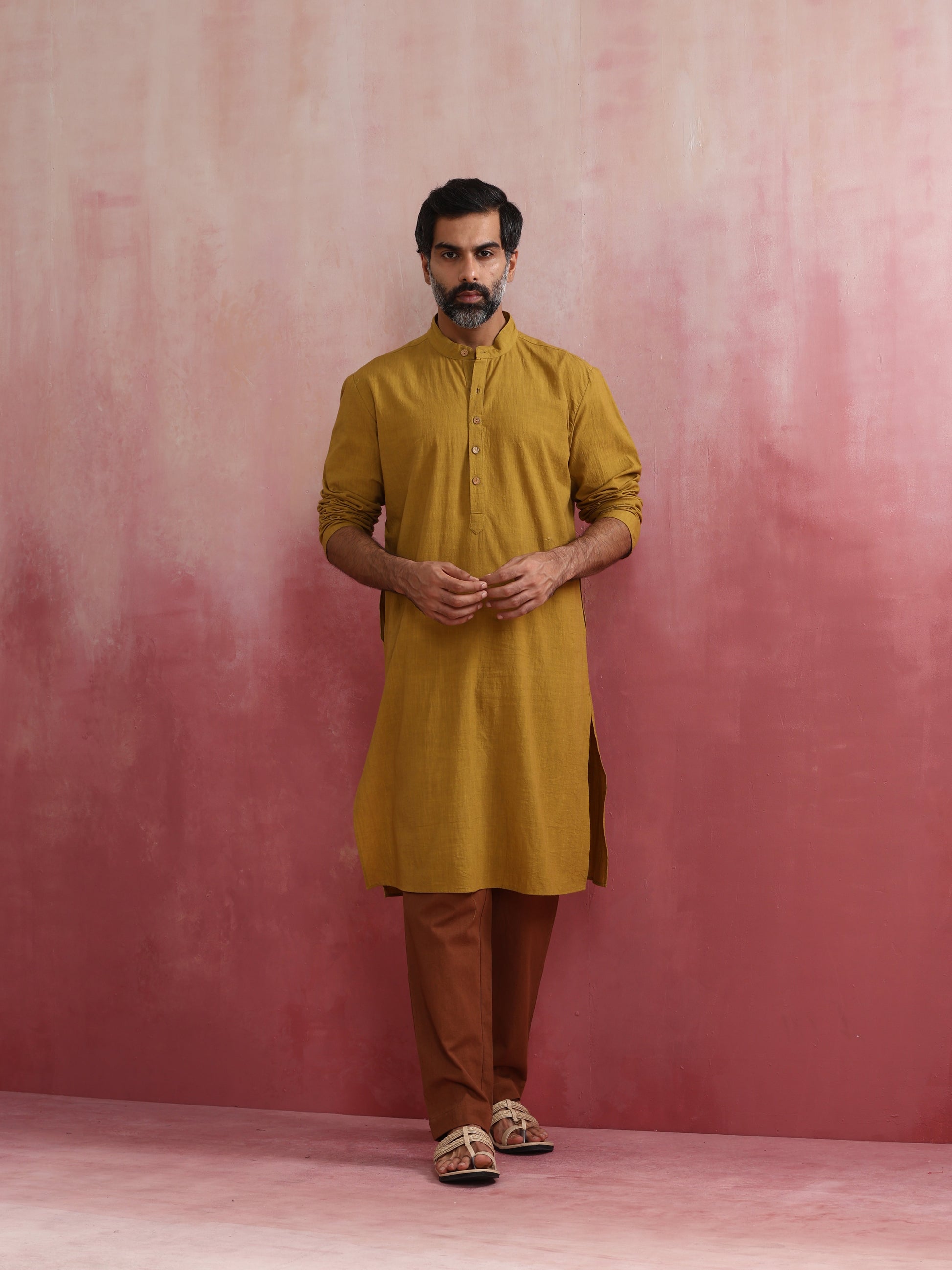 trueBrowns Men's Mustard Mandarin Collar Kurta | Swadesiicart