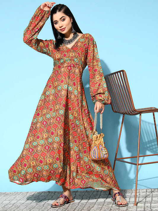InWeave Women's Rust Edgy Print Dress - Swadesiicart