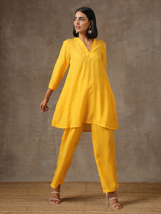 trueBrowns Yellow Bandhani Flare Printed Silk Co-Ord Set - Swadesiicart
