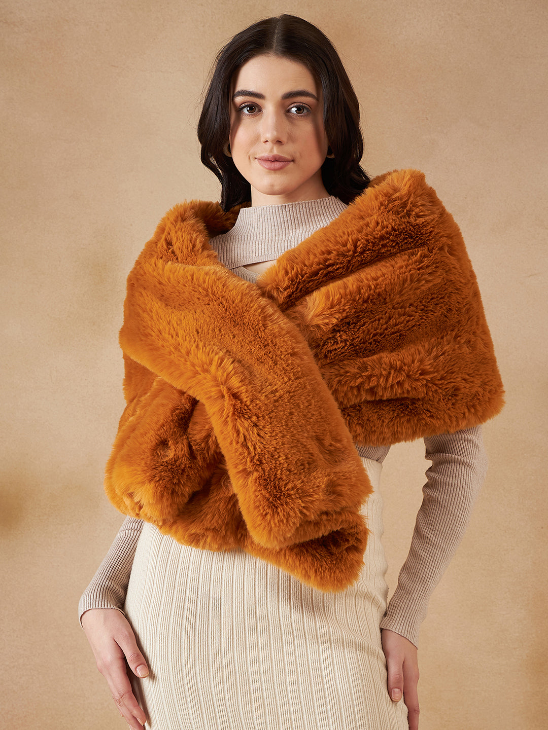 InWeave Women's Carrot Orange Long Faux Fur Cape - Swadesiicart