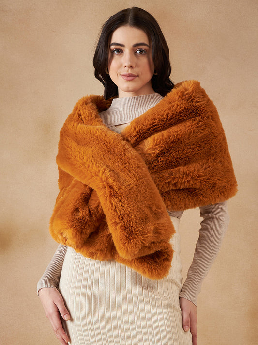 InWeave Women's Carrot Orange Long Faux Fur Cape - Swadesiicart