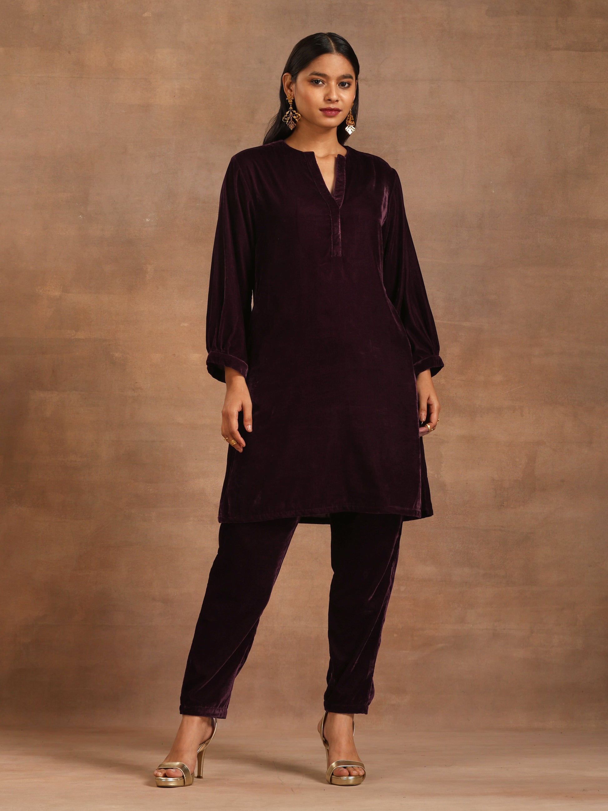 trueBrowns Wine Velvet Solid Co-ord Set - Swadesiicart