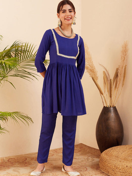 InWeave Women's Blue Round Neck Square Gota Work Kurta Pant Set - Swadesiicart