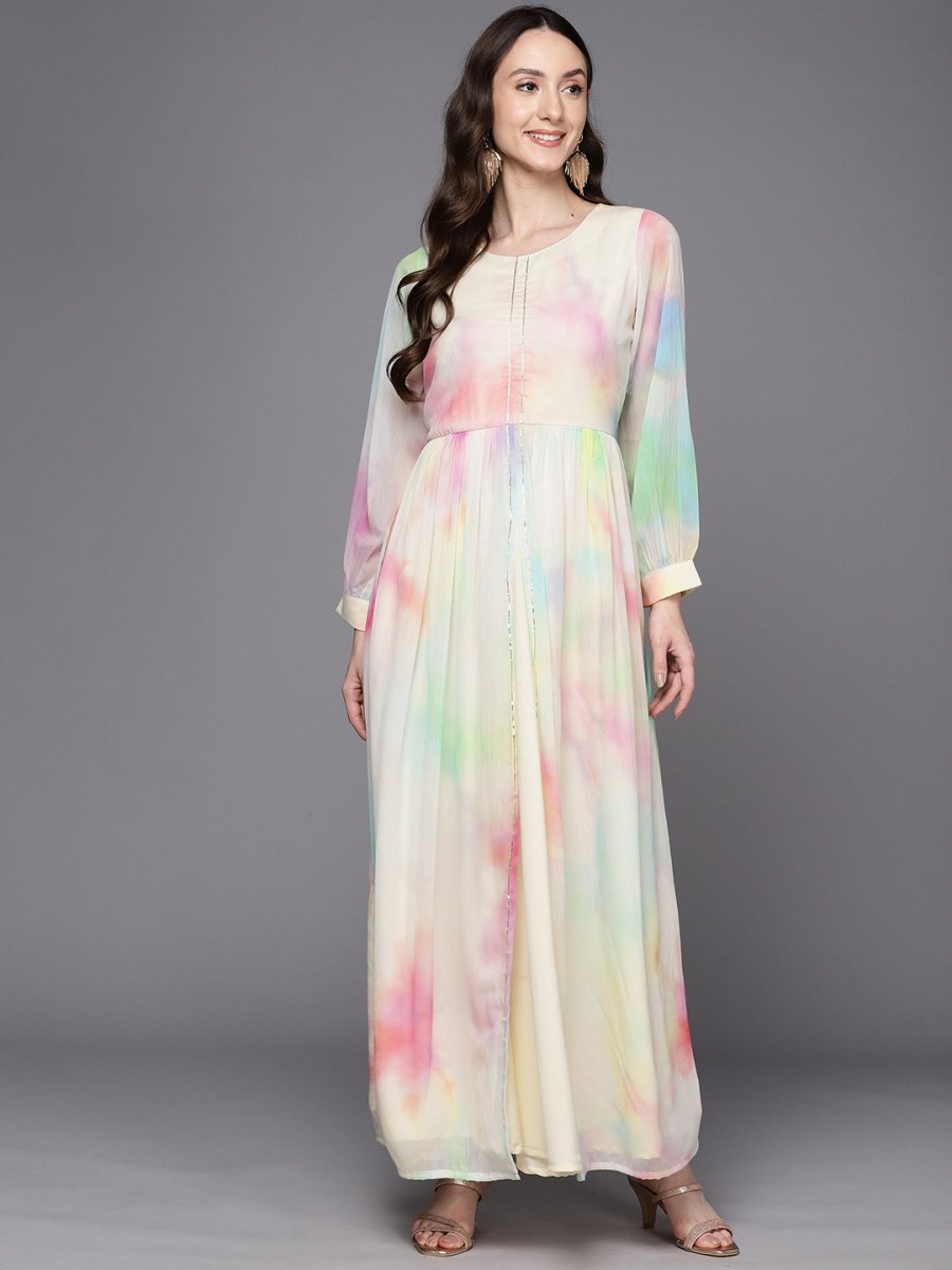 Ahalyaa Abstract Printed Gotta Patti Puff Sleeves Chiffon Maxi Ethnic Dress | Swadesiicart