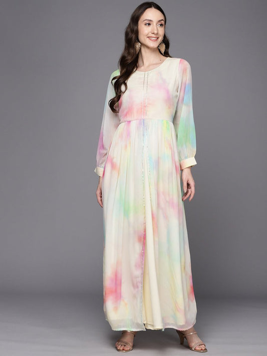 Ahalyaa Abstract Printed Gotta Patti Puff Sleeves Chiffon Maxi Ethnic Dress | Swadesiicart