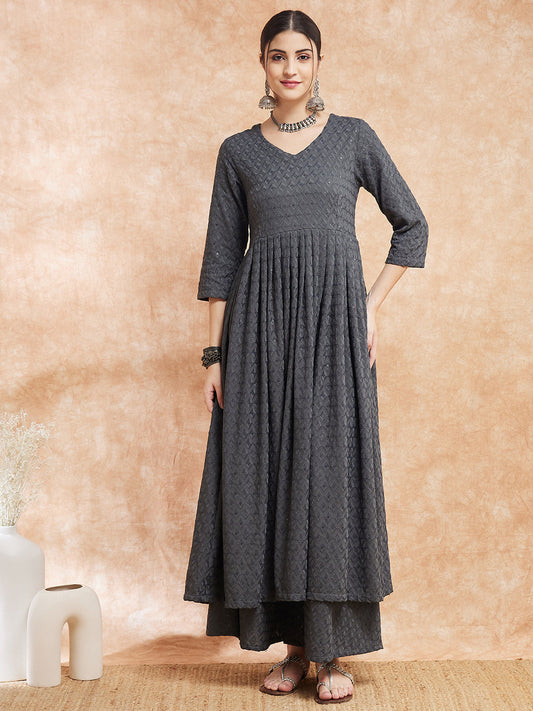 InWeave Women's Grey Chikankari Long Anarkali Kurta Sharara Set - Swadesiicart