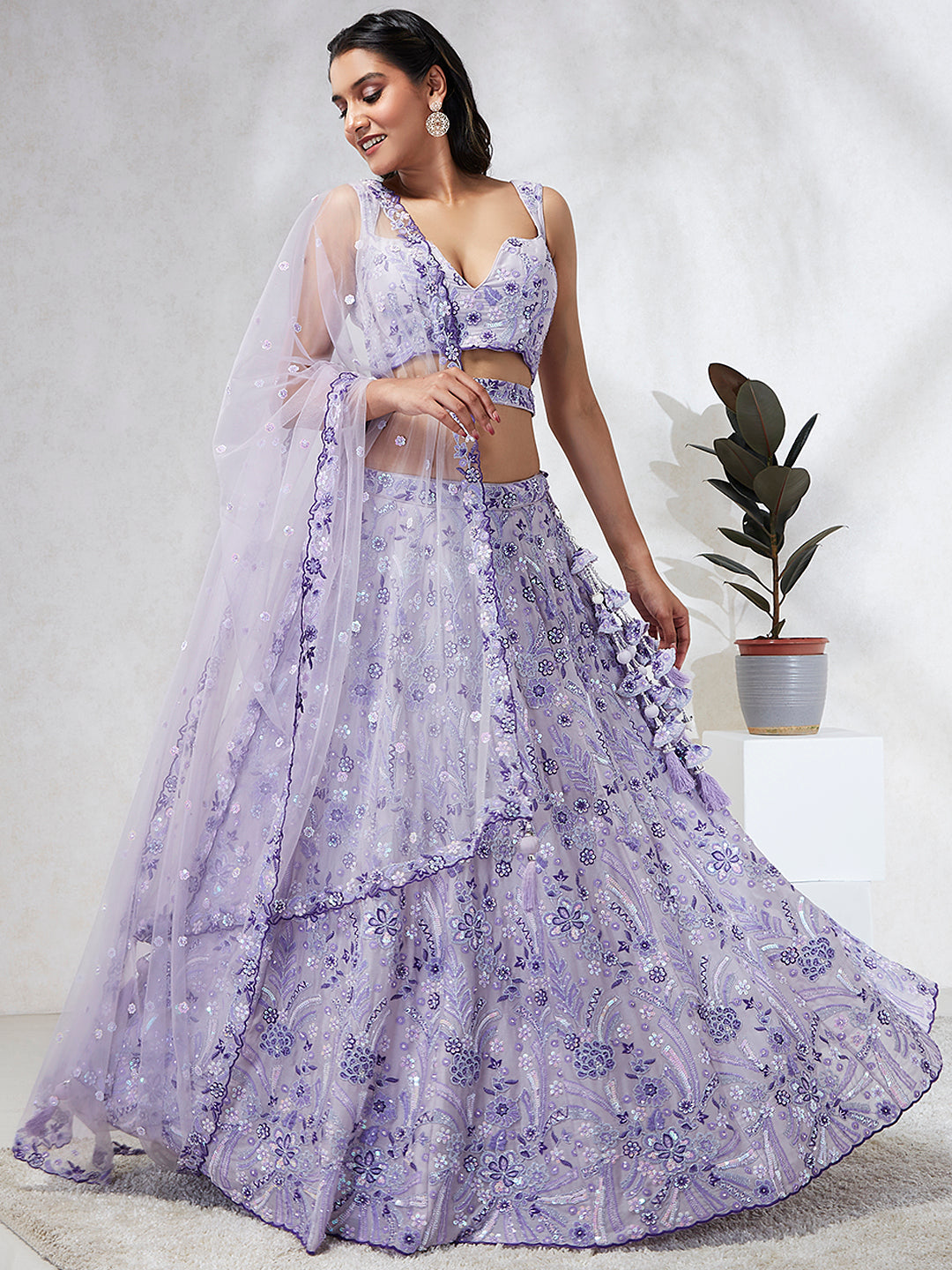 House of Panchhi Lavender Georgette Sequins And Thread Embroidery Lehenga Choli & Dupatta | Swadesiicart