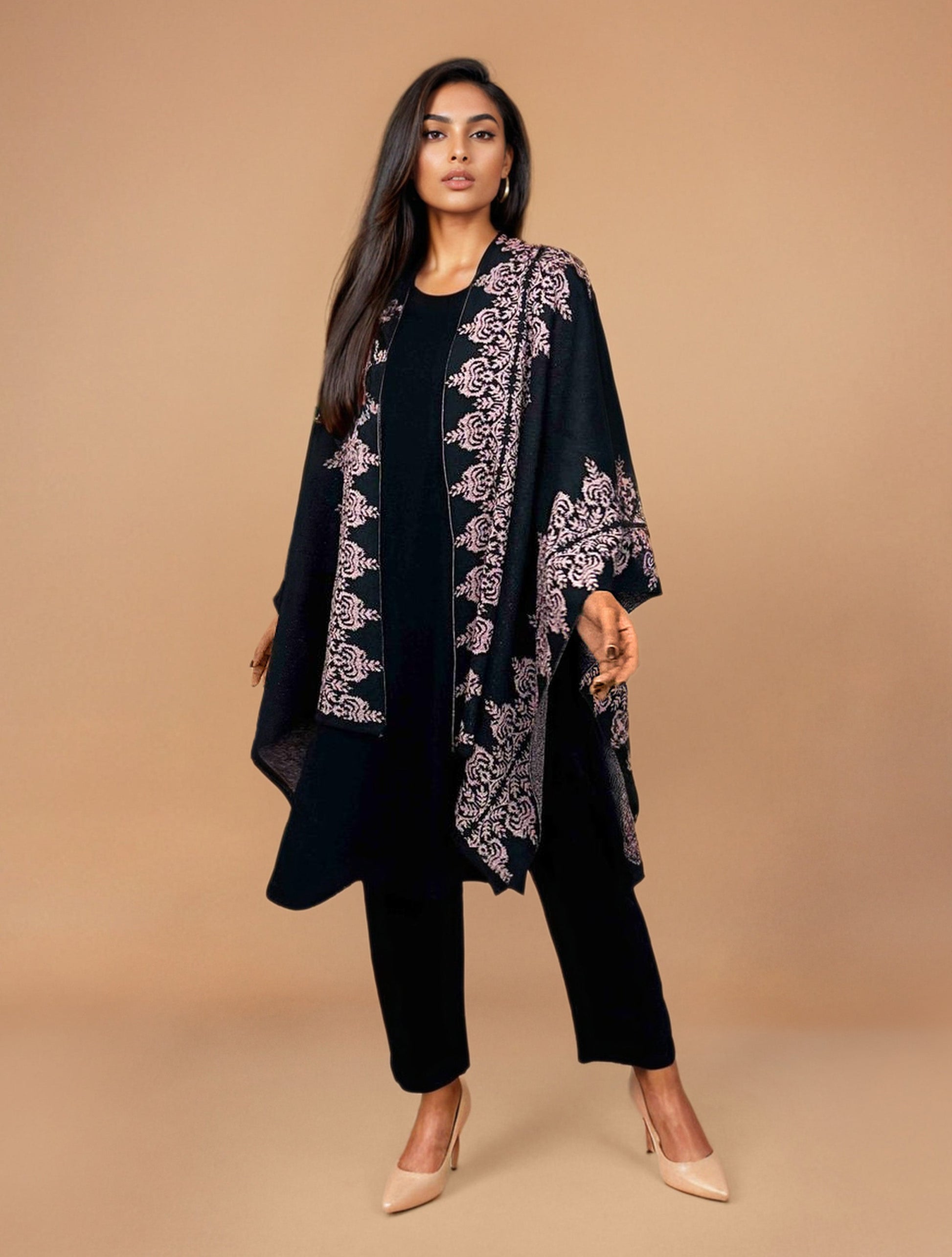 trueBrowns Black Woollen Pink Jacquard Kaftan Cape | Swadesiicart