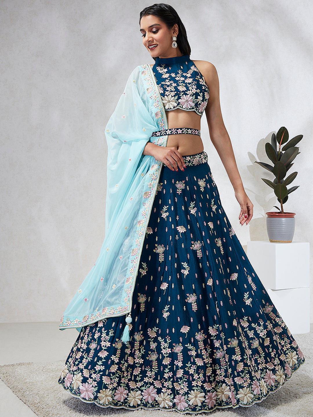 House of Panchhi Teal Pure Georgette Sequins And Thread Embroidery Lehenga Choli & Dupatta | Swadesiicart