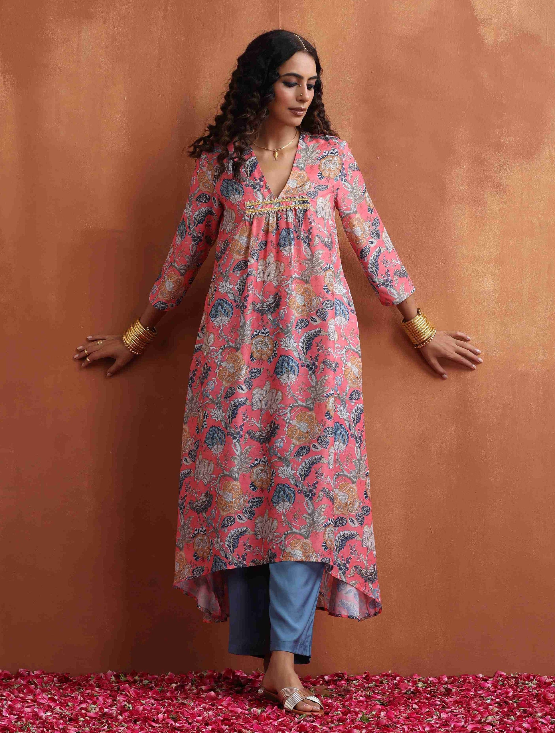 trueBrowns Orange Print A-line Kurta Set | Swadesiicart