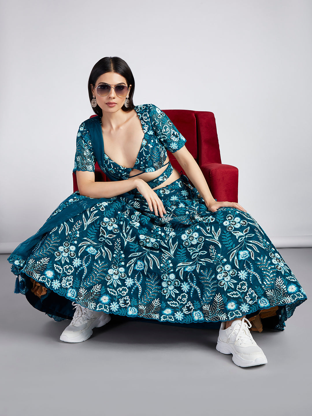 House of Panchhi Teal Net Sequins, Mirror And Thread Embroidery Lehenga Choli & Dupatta | Swadesiicart
