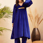 InWeave Women's Royal Blue V Neck Asymmetrical Pleated Velvet Kurta Set - Swadesiicart