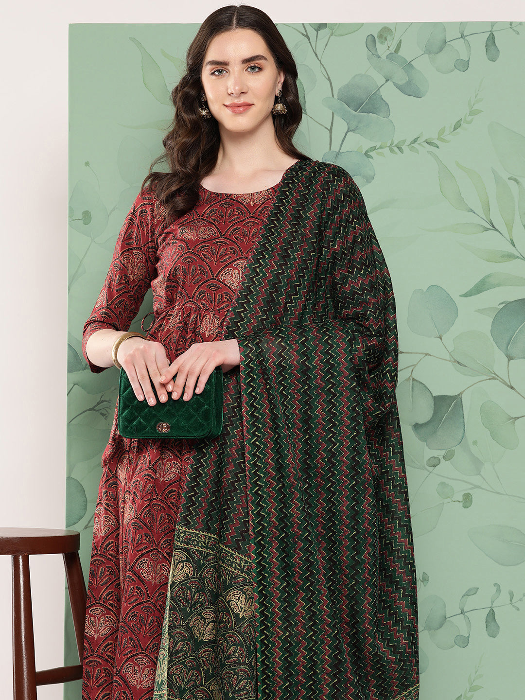 InWeave Women's Long Kurta Set Rust Ajrakh With Green Ajrakh Dupatta - Swadesiicart