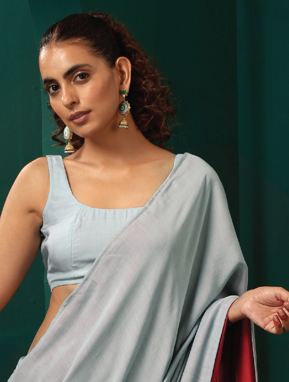 trueBrowns Powder Blue Muslin Silk Scoop Neck Sleeveless Blouse | Swadesiicart