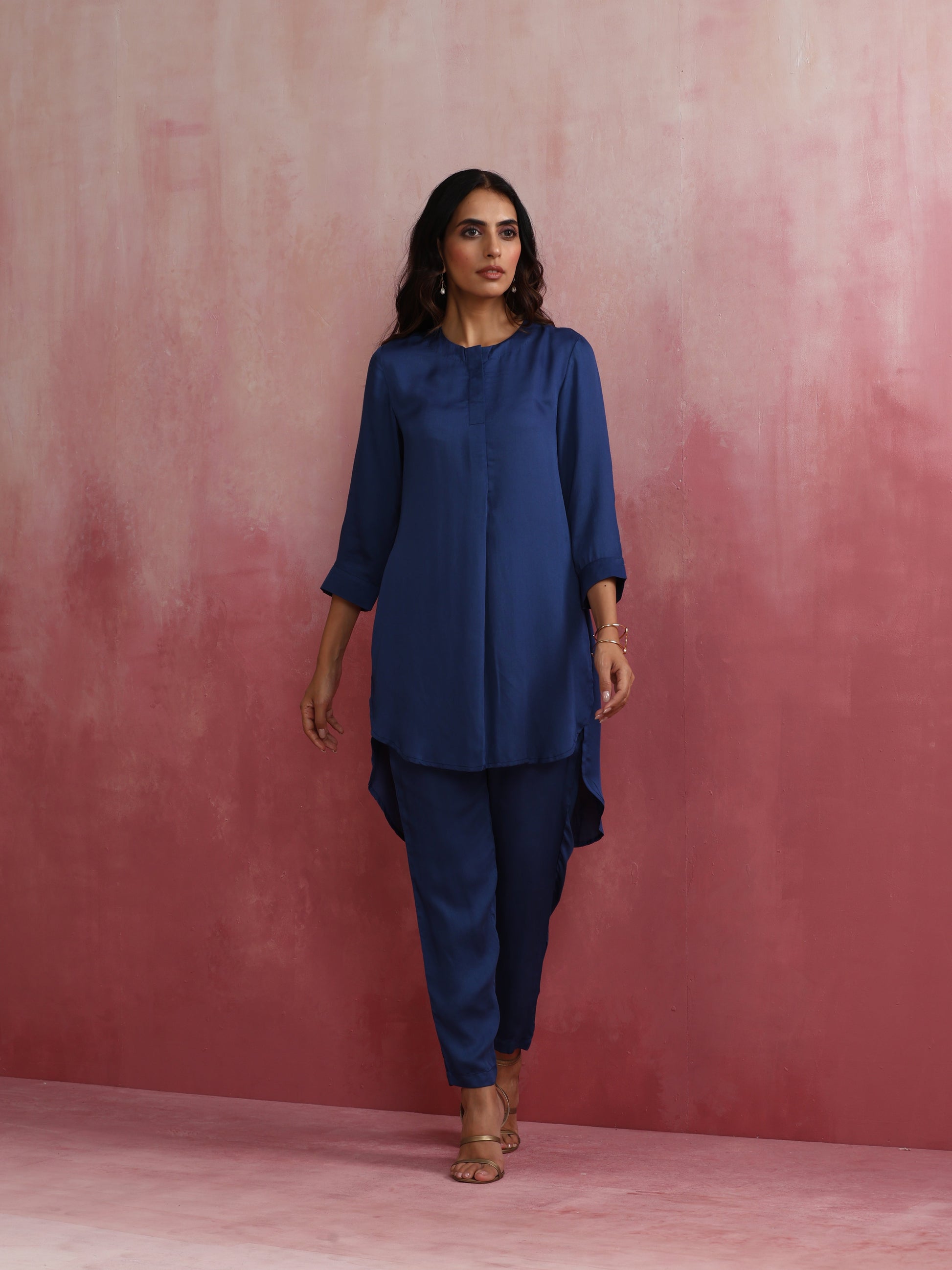trueBrowns Blue Modal High Low Kurta Co-ord Set - Swadesiicart