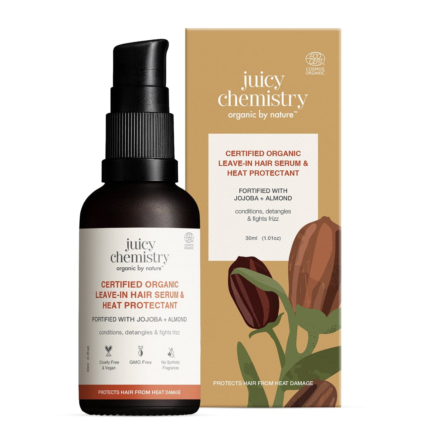 Certified Organic Leave-in Hair Serum & Heat Protectant Fortified with Jojoba + Almond